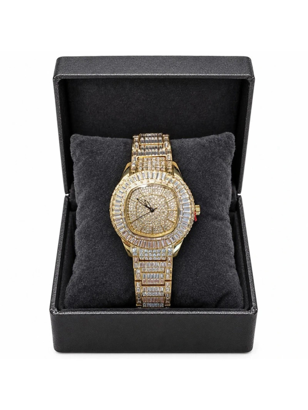 #830 Gold Tone Cushion Dial Crystal Watch 45mm NWT Box